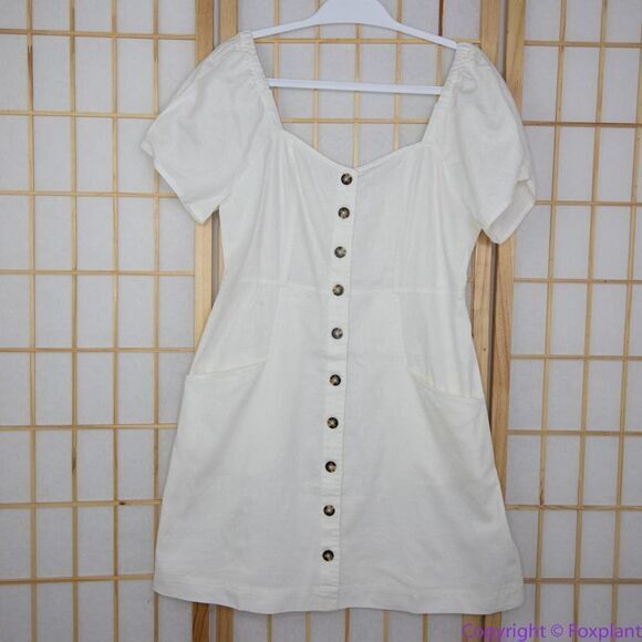 NEW Madewell Linen-Cotton Puff-Sleeve Mini Dress, lighthouse, 14‎ - Picture 3 of 16